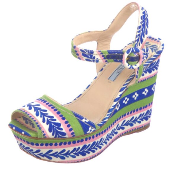Prada Canvas Blue Pink Printed Wedge Ankle Strap Sandals